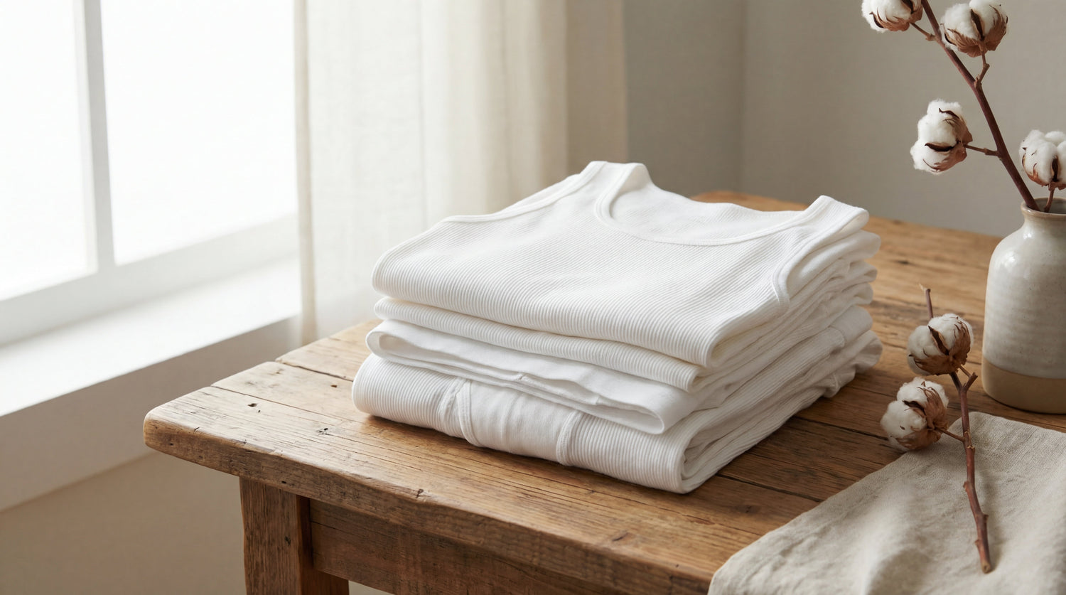 Man wearing breathable 100% organic cotton underwear in a clean, minimalist home setting